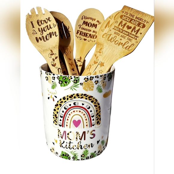 Rabbitable Other - Ceramic Utensil Holder Farmhouse Crock/Wooden Spoons Gift for MOM